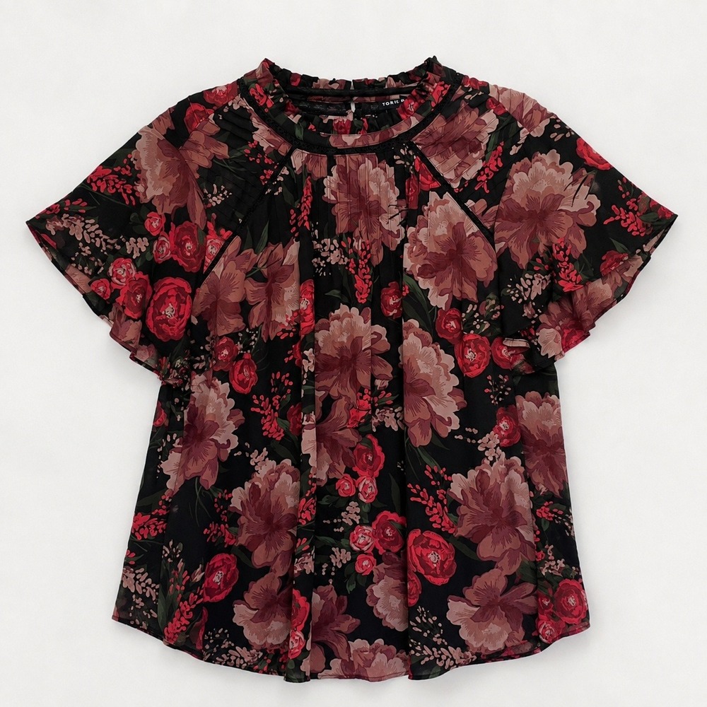 Torrid Floral Blouse 2X Black Pink Rose Flutter Sleeve Dark Academia Goth Lite
